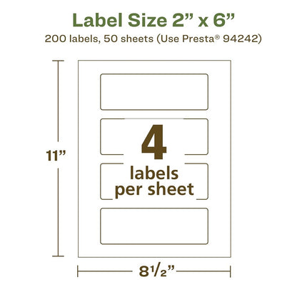 Avery EcoFriendly Matte White Recycled Rectangle Labels, 2" x 6", Print-to-The-Edge, Matte White Labels, Permanent Adhesive, Laser/Inkjet Printable, 200 Total