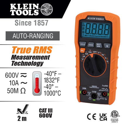 Multímetro digital Klein Tools MM420, multímetro TRMS de rango automático, voltaje de 600 V CA/CC, corriente de 10 A CA/CC, resistencia de 50 M ohmios, naranja/negro