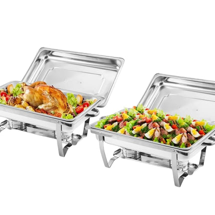 Ensemble de 2 plats de service avec réchaud, 8 litres, en acier inoxydable, avec couvercle, cadre pliant, plats rectangulaires pour fêtes, mariages, événements traiteur, argent