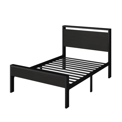 SHA CERLIN 14 Inch Twin Size Metal Platform Bed Frame with Wooden Headboard and Footboard, Mattress Foundation, No Box Spring Needed, Large Under Bed Storage, Heavy Duty Slats Support, Black Oak