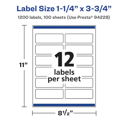 Avery Matte White Rectangle Labels with Sure Feed, 1.25" x 3.75", 1,200 Matte White Printable Labels