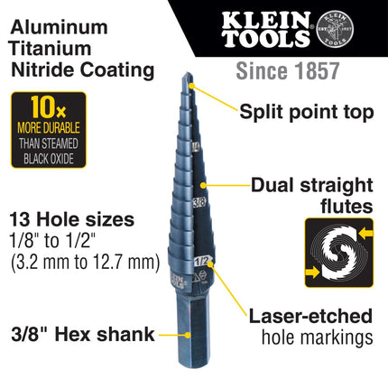 Klein Tools KTSB01 Step Drill Bit Double-Fluted #1, 1/8 to 1/2-Inch with Easy-to-Read Markings and Targets, 3/8-Inch Hex Shank