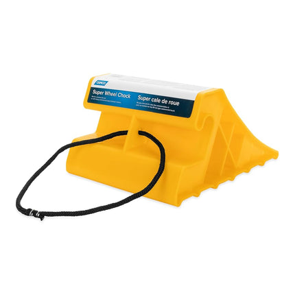 Camco Super Wheel Chock w/Rope - Large, Heavy Duty Trailer Wheel Chock Constructed of Durable Plastic - Features Rope Handle for Easy Removal - Use w/Tires Up to 29-inches – 44475