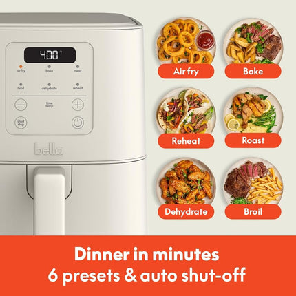 bella 4Qt Slim Air Fryer, Fits-anywhere� Kitchenware, EverGood� Ceramic Nonstick Coating, Adjustable Temperature, 6 Preset Cooking Options, 60 Min Auto Shutoff w Audible Tone, 3.3lb Capacity, Oatmilk
