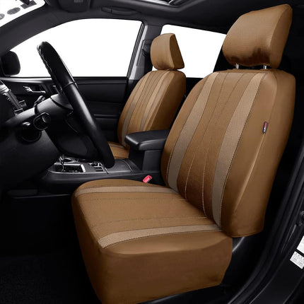 Flying Banner car seat Covers Full Set Faux Leather Air Mesh Breathable Man Lady Airbag Compatible Rear Bench Split 40/60 50/50 60/40 Truck Pick Up (Full Set - Low Back, Solid Beige)