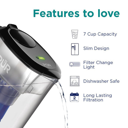 PUR 7-Cup Water Filter Pitcher with 1 Genuine PUR Filter, 3-in-1 Powerful Filtration, BPA Free, Dishwasher Safe, Smoke, PPT710BA