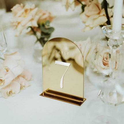 JINMURY Gold Mirror Arch Table Numbers for Wedding, 30 Pack 5x7" Gold Mirror Arch Acrylic Signs with Stand Acrylic Table Numbers 1-30, Perfect for Wedding Reception