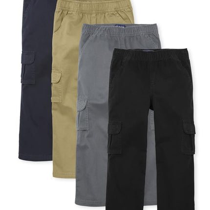 The Children's Place Boys' Pull on Cargo Pants, Black/Flax/Gray/New Navy 4-Pack, 12