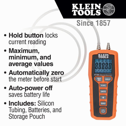 Digital Manometer, Air and Gas Pressure Tester, Differential Dual Port Pressure Gauge, Large LCD Display with Backlight Klein Tools ET180