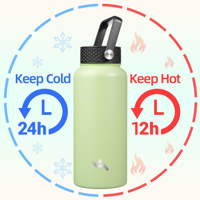 Konokyo Insulated Water Bottle with Straw,32oz 3 Lids Metal Bottles Stainless Steel Water Flask,Macaron Green