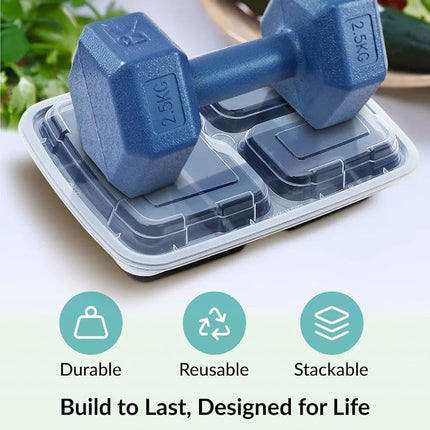 Enther Meal Prep Containers [12 Pack] 3 Compartment with Lids, Food Storage Bento Box | BPA Free | Stackable | Reusable Lunch Boxes, Microwave/Dishwasher/Freezer Safe,Portion Control (36 oz)