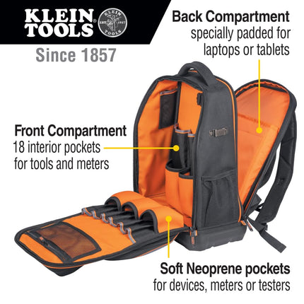 KLEIN TOOLS 62805BPTECH Laptop Backpack Tool Bag, Tradesman Pro Extra-Large 28-Pocket Tech Tool Backpack with Molded Bottom, Charging Port