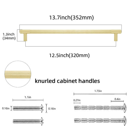POVEFONK 6 Pack 12-5/8 inch(320mm) Brushed Brass Kitchen Cabinet Handles Knurled Cabinet Pulls Gold Drawer Pulls Kitchen Hardware