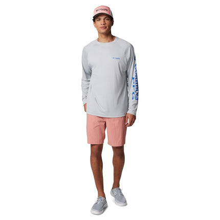 Columbia Men's Terminal Tackle Long Sleeve Fishing Shirt, Cool Grey/Vivid Blue Logo, Large