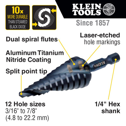 Klein Tools QRST14 Step Drill Bit, Quick Release, Spiral Double-Fluted, 3/16 to 7/8-Inch, Hex Shank, Cut Steel, Wood, Plastic, Aluminum