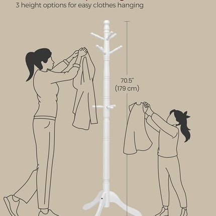 VASAGLE Solid Wood Coat Rack/Stand, Free Standing Hall Coat Tree with 10 Hooks for Hats, Bags, Purses, for Entryway, Hallway, Rubberwood, Cloud White URCR03WT