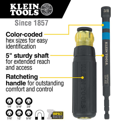 Klein Tools 80182 Ratcheting Impact-Rated Hollow Power Nut Driver Set with Handle, Magnetic, 6 SAE Hex Sizes Plus Zipper Canvas Tool Bag, 12.5 x 7 x 0.7-Inch 8-Piece