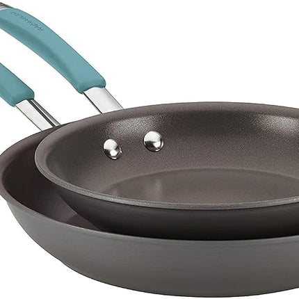 Rachael Ray Cucina Sartén antiadherente de doble paquete de aluminio anodizado duro con mangos azul agave, gris