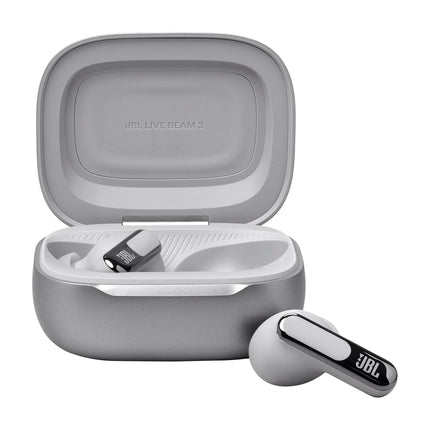 JBL Live Beam 3 - Auriculares intrauditivos de botón cerrados con cancelación de ruido, 48 horas de reproducción total, carga inalámbrica, 6 micrófonos para llamadas perfectas, conexión multipunto, resistencia IP55 al agua y al polvo