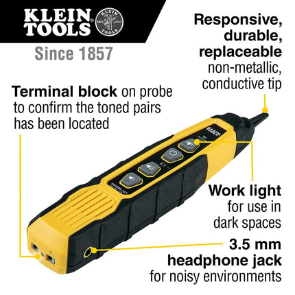 Klein Tools VDV500-123 Cable Tracer Probe-Pro Tracing Probe with Replaceable Non-Metallic, Conductive Tip and a Light for Use in Dark Spaces
