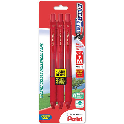 Pentel EnerGel-X Retractable Liquid Gel Pen, 0.7mm, Medium Line, Metal Tip, Red Ink, 3 Pack (BL107BP3B)