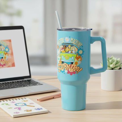 Silver Buffalo Scooby Doo Mystery Machine Featuring Shaggy, Velma, Fred and Daphne Stainless Steel Tumbler with Handle and Straw, Fits in Standard Cup Holder, 40 Ounces