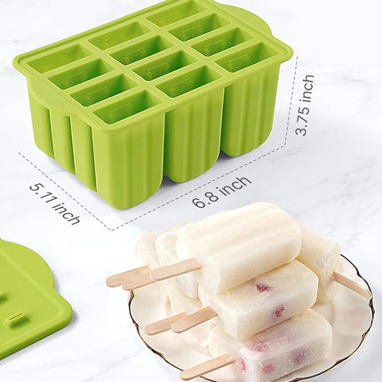 MEETRUE 12 Piece Silicone Popsicle Molds, BPA-Free, Green, Round, Ice Pop Maker with 50pcs Sticks & Cleaning Brush