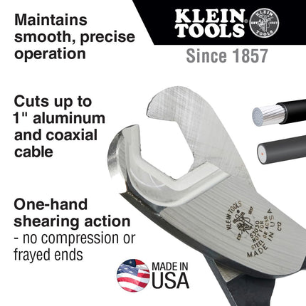 Klein Tools 63030 Cable Cutter, Made in USA, Coaxial Cable Cutter Cuts Up to 1-Inch Aluminum and Copper Coaxial Cable with One-Hand Shearing