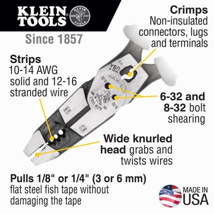 Klein Tools J2159CRTP Side Cutting Pliers, Made in USA, 9-Inch Journeyman High Leverage Hybrid Pliers with Crimper, Fish Tape Puller and Wire Stripper