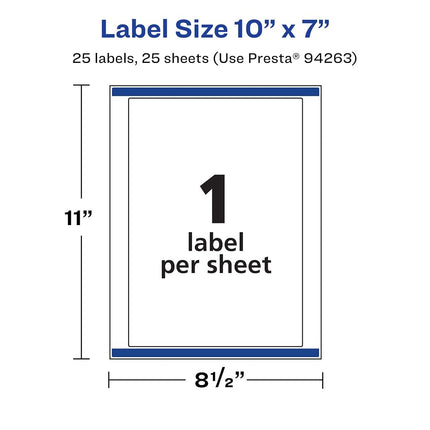 Avery Matte White Rectangle Labels with Sure Feed, 10" x 7", 25 Matte White Printable Labels