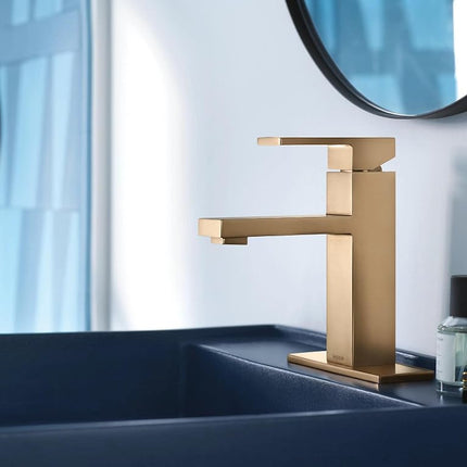 Moen Revyl Bronzed Gold One-Handle Single Hole Modern Bathroom Sink Faucet with Optional Deckplate and Spring Loaded Drain Assembly, 84771BZG