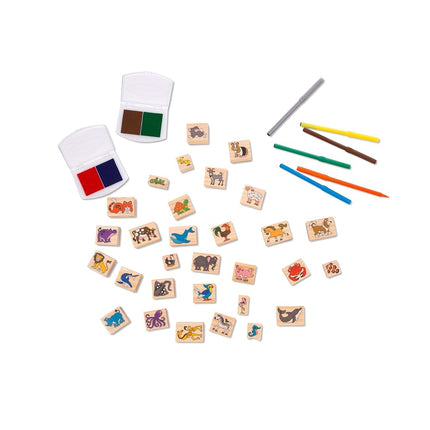 Melissa & Doug Deluxe Wooden Stamp Set: Animals - 30 Stamps, 6 Markers, 2 Stamp Pads
