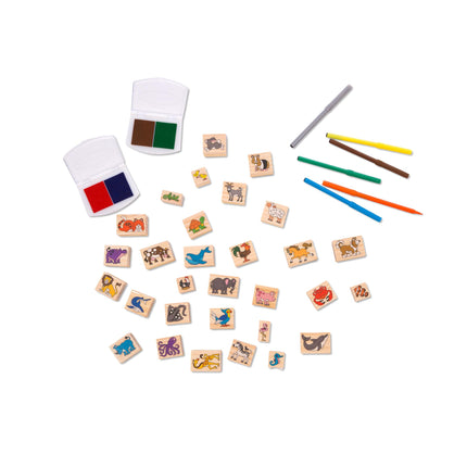 Melissa & Doug Juego de sellos de madera de lujo: animales - 30 sellos, 6 marcadores, 2 almohadillas de tinta