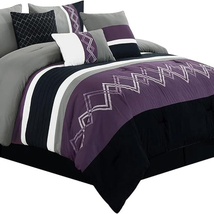 Chezmoi Collection Arden 7-Piece Modern Pleated Stripe Embroidered Zigzag Bedding Comforter Set (Oversized King, Purple/Black/Gray/White)