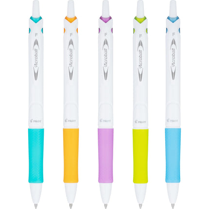 Pilot Acroball PureWhite Advanced Ink Refillable & Retractable Ball Point Pens with Turquoise/Orange/Purple/Lime/Blue Accents, Fine Point, Black Ink, 5-Pack (31861)