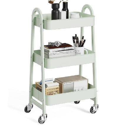 OLIXIS 3 Tier Utility Rolling Cart with Lockable Casters, Mobile Metal Storage Shelf, Organization for Living Room, Bathroom and Narrow Places, Pale Green