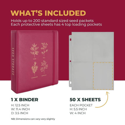 WILDGOOSE Seed Storage Organizer Binder - Seed Packet Organizer with 50 Pack Sheet Protectors That Stores 200 Seed Envelopes. (Raspberry)