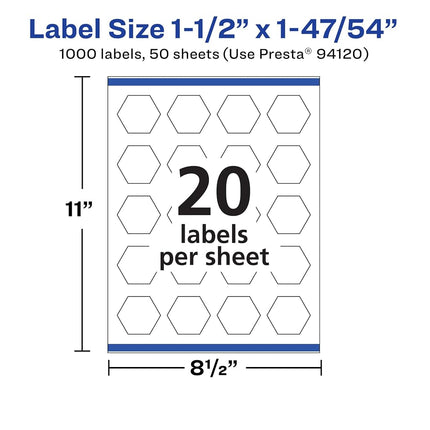 Etiquetas hexagonales extraíbles Avery blancas mate con tecnología Sure Feed, impresión hasta el borde, 1-1/2" x 1-47/54", 1,000 etiquetas extraíbles, etiquetas imprimibles para láser/inyección de tinta
