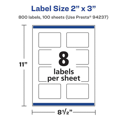 Avery Matte White Rectangle Labels with Sure Feed, 2" x 3", 800 Matte White Printable Labels
