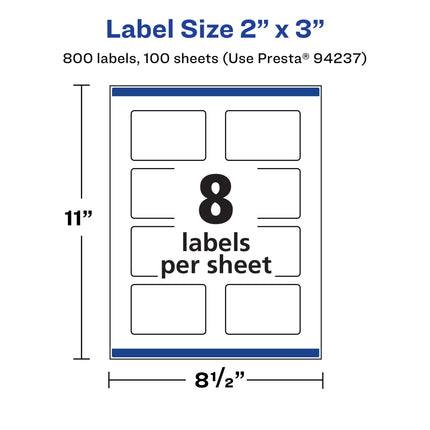 Avery Matte White Rectangle Labels with Sure Feed, 2" x 3", 800 Matte White Printable Labels