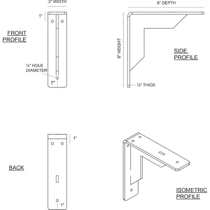 Ekena Millwork BKTM02X08X08STHWH Steel Bracket Stockport, 2"W x 8"D x 8"H, Hammered White