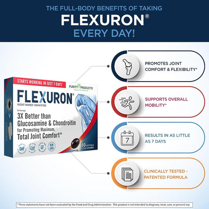 Flexuron Formule Articulaire par Purity Products - 3X Plus Efficace Que la Glucosamine et la Chondroïtine - Agit en Seulement 7 Jours - Huile de Krill, Acide Hyaluronique à Faible Poids Moléculaire, Astaxanthine - 30 Comprimés
