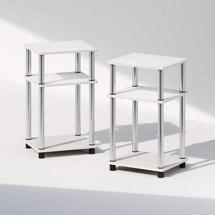 Furinno JUST Night Stand Set of 2, 3-Tier Turn-N-Tube Nightstand, Toolless Bedside Tables, End Table, Side Table with Open Storage for Bedroom, Living Room, White Oak/Stainless Steel