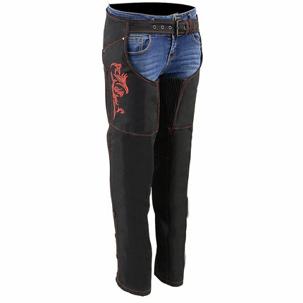 Milwaukee Leather SH1182 Women's Black with Red Textile Motorcycle Riding Chaps with Tribal Embroidery - 3X-Large