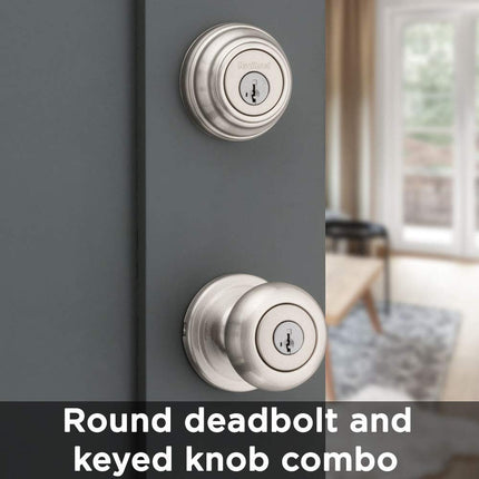 Kwikset Satin Nickel SmartKey Single Cylinder Juno Entry Knob & Deadbolt Comb