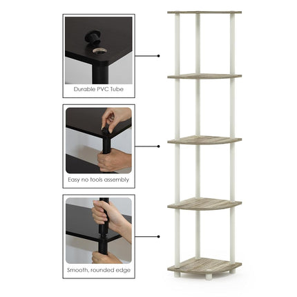 Furinno TURN-N-TUBE Corner Shelf, 5-Tier Corner Bookshelf, Open Storage Shelves, for Organization and Storage, Living Room, Home Office, Garage, Bedroom, Sonoma Oak