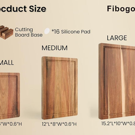 Fibogollo Set of 3 Acacia Wood Kitchen Cutting Boards with Holder