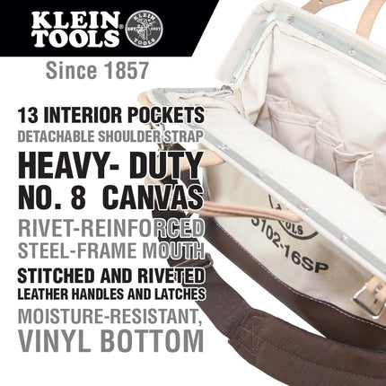 Klein Tools 5102-16SP Deluxe Canvas Tool Bag Made of Natural Canvas with 13 Interior Pockets and Detachable Shoulder Strap, 16-Inch