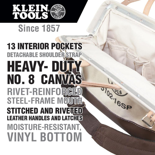 Klein Tools 5102-16SP Deluxe Canvas Tool Bag Made of Natural Canvas with 13 Interior Pockets and Detachable Shoulder Strap, 16-Inch