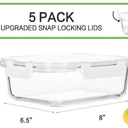 M MCIRCO Lot de 5 récipients de préparation de repas en verre de 1 litre avec couvercles à loquet, hermétiques, adaptés au micro-ondes, au four, au congélateur et au lave-vaisselle (1,06 litre, blanc, 20x13x7,5 cm)